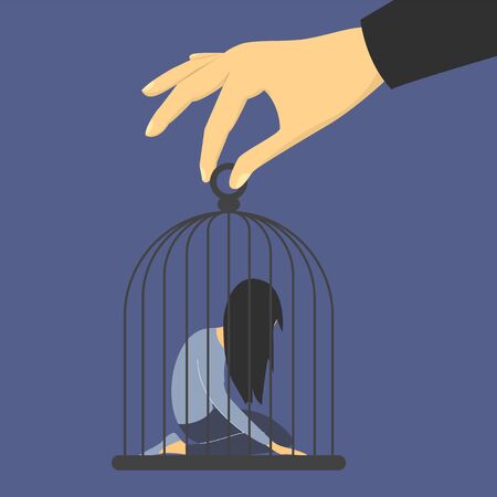 Sad woman in the cage. Man abuse woman, giant hand holding cage vector isolated. Girl in depression on knees, jail and prison.のイラスト素材