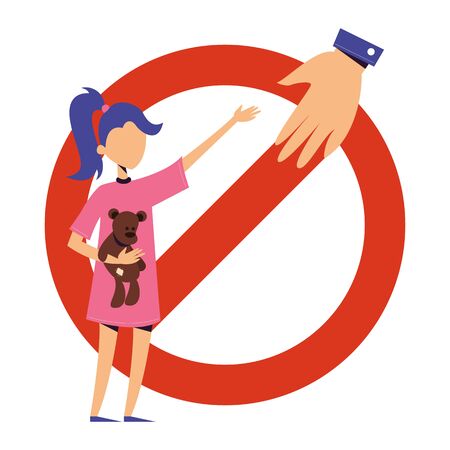 Pedophilia, stranger pedophile hand and little preschooler child with teddy bear vector isolated. Childhood in danger. Warning poster. Red prohibition signのイラスト素材