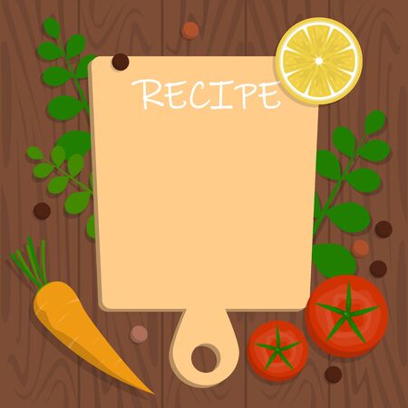 Recipe banner template. Blank space for the text, cooking idea. Kitchen utnesil and food around. Creative design.のイラスト素材