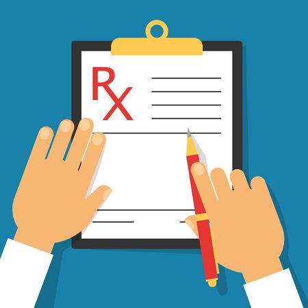 Medical prescription document on the clipboard vector isolated. Doctor hand holding pen and writing on the document. Form for the patient, list of medicine.のイラスト素材