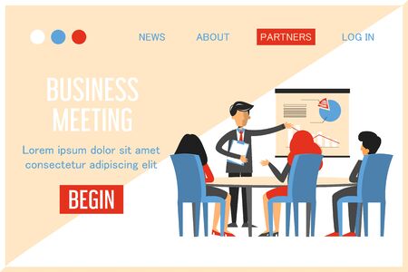 Business meeting in conference room vector isolated web banner design. Man make presentation in office, business project. Group of people training. Colleagues meeting.のイラスト素材