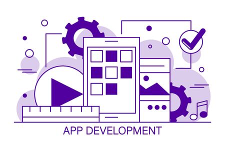 Mobile app development line art banner. Smartphone design process. Mobile application software programming. Technology development concept. Abstract interface.のイラスト素材