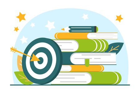 Target standing at the book stack vector isolated. Achievement in education, study award. Learning with books.のイラスト素材