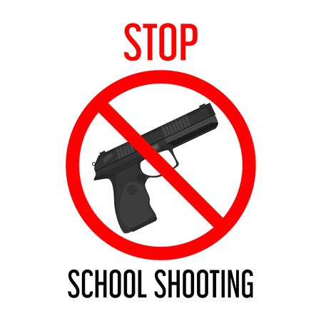 Stop school shooting vector isolated. Gun behind the red forbidden sign. Concept of children violence control. Crime in school, student in danger. Pistol weapon.のイラスト素材