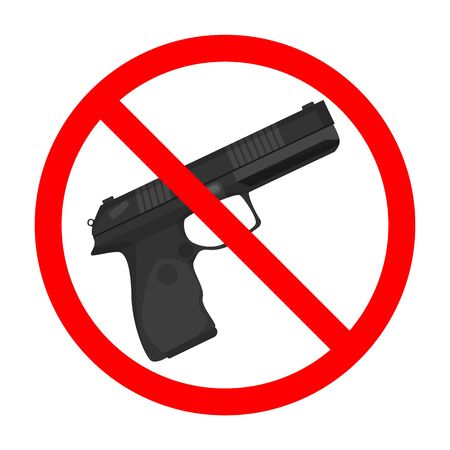 Gun forbidden sign vector isolated. Weapon is not allowed, symbol of crime restriction. Red circle and pistol behind.のイラスト素材