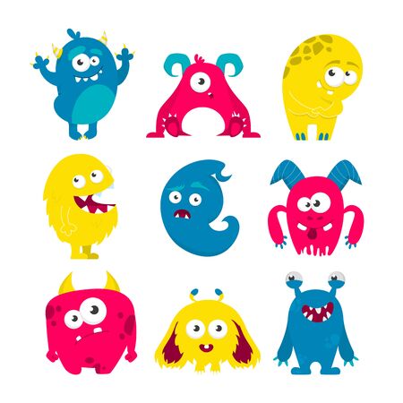 Monster set vector isolated. Collection of bright colorful and cute creature. Monster with horn smiling. Funny alien.のイラスト素材