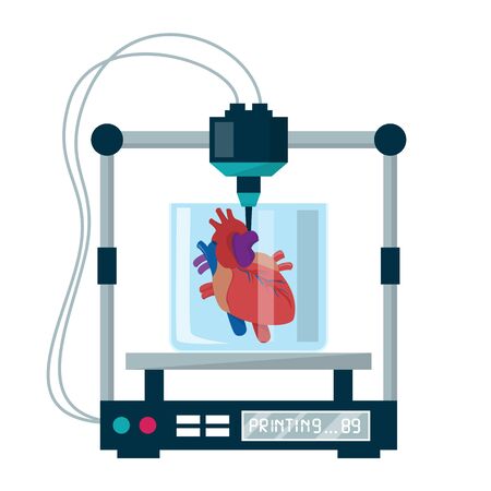 3D bioprinting vector isolated. Medical equipment for organ reconstruction. Replicate device in healthcare, science and biology. Duplicate cells and make human implant. Heart organのイラスト素材