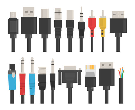 Cable wire set vector isolated. USB for computer, connection device. HDMI port. Connector, power...
