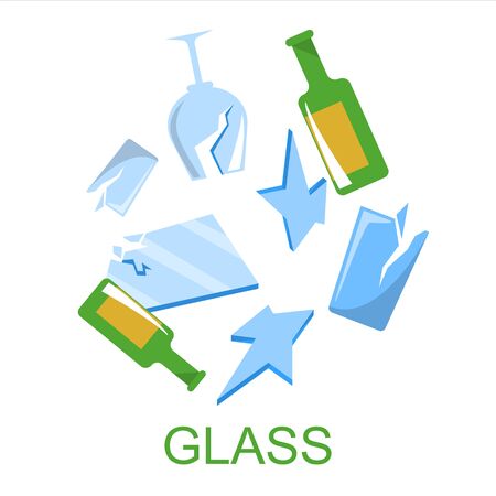 Glass waste vector isolated. Collection of garbage made of glass, idea of rubbish segregation. Recycling industry. Ecological trash separation.のイラスト素材