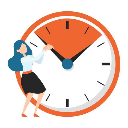 Business woman standing at the big clock vector isolated. Deadline idea, woman trying to stop the time. Employee in panic.のイラスト素材