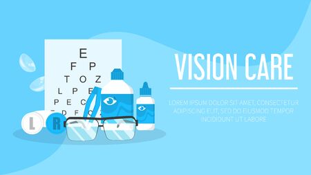 Ophthalmology collection on the web banner for the website. Eye correction equipment. Contact lens, glasses and other device. Vision care.のイラスト素材