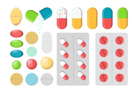 Set of pills vector isolated. Medicine and pharmacy collection, vitamin capsule element. Drug dose, antibiotic shape. Painkiller tablet.のイラスト素材