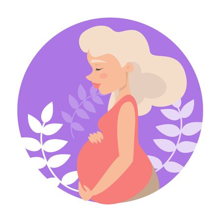 Pregnant woman portrait vector isolated. Young mom, pregnancy time. Happy mother expecting baby. Beauty and motherhood.のイラスト素材