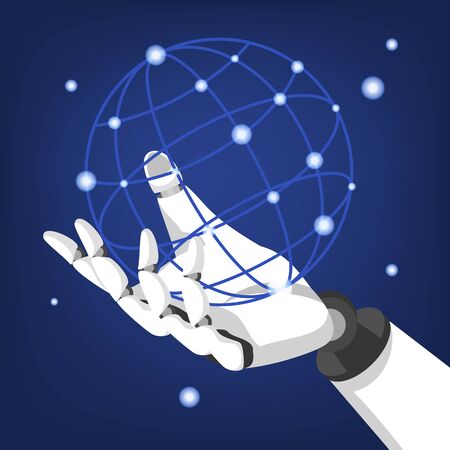Robot hand hold globe vector isolated. Futuristic artificial intelligence technology. Robotic industry all over the planet.のイラスト素材