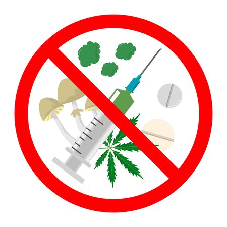Collection of narcotic in the red sign vector isolated. Drug addiction is prohibited and forbidden. Danger for health, syringe and weed.のイラスト素材