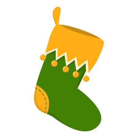 Green elf stocking vector isolated. Christmas sock, decoration element. Traditional wear, hanging at home.のイラスト素材