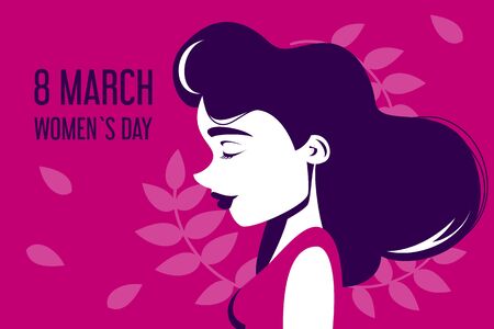 International women day vector banner. Portrait of a beautiful woman with nice hair. Happy person. Celebration of the holiday in march.のイラスト素材