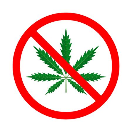 Narcotic in the red sign vector isolated. Drug addiction is prohibited and forbidden. Danger for health, marijuana weed.のイラスト素材