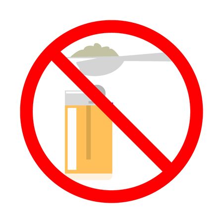 Narcotic in the red sign vector isolated. Drug addiction is prohibited and forbidden. Danger for health, heroin in spoon.のイラスト素材