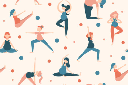 Seamless pattern with pregnant woman in yoga pose. Vector illustration of female person. Healthy pregnant stretching.のイラスト素材