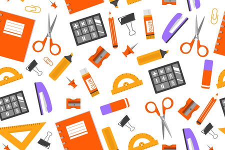 Stationery seamless vector pattern. Notebook, pencil, pen and scissors. School supplies set.のイラスト素材