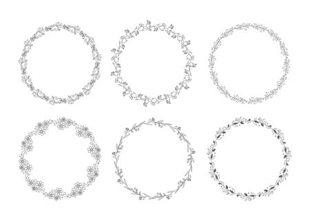 Cute and simple floral wreath set vector isolated. Frame for wedding invitation and greeting card. Repititive circle pattern.のイラスト素材