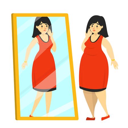 Happy fat woman in red dress looking at fit reflection. Vector isolated illustration of female confident person.のイラスト素材