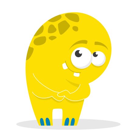 Monster vector isolated. Colorful and cute creature. Shy monster standing and smiling. Funny yellow alien.のイラスト素材