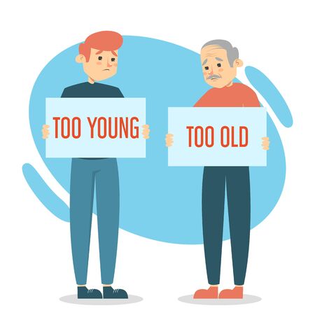 Too young and too old man vector isolated. Idea of ageism, discrimination in society. Senior man and problems with job searching.のイラスト素材