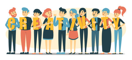 Group of business people holding letters of word creativity vector isolated. Concept of inspiration and creative mind. Professional teamwork.のイラスト素材