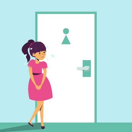 Child standing at the toilet door and want to pee. Girl with urinating problem. WC door is locked. Full bladder.のイラスト素材