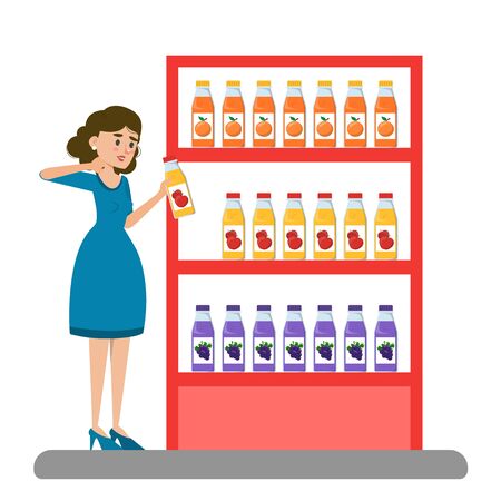 Woman choose juice in the supermarket vector isolated. Customer in the product store. Shelf with bottles assortment.のイラスト素材