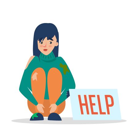 Help for homeless web banner design. Poor woman in dirty clothes sitting on the street and begging for money. Female beggar.のイラスト素材