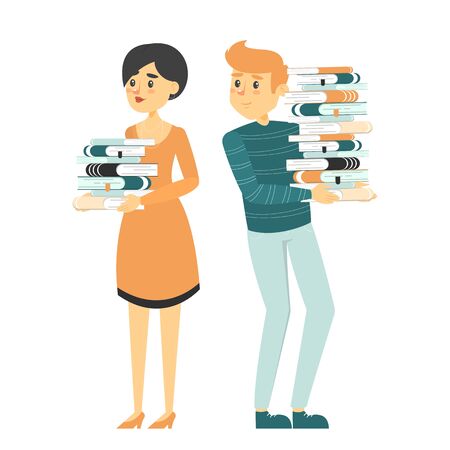 Man and woman holding book stack vector isolated. Young smiling adult studying. Concept of education and learning.のイラスト素材