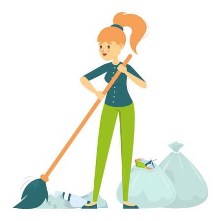 Female volunteer sweeping vector isolated. Cleaner working. Collecting garbage from the streets in bags. Ecology friendly lifestyle.のイラスト素材