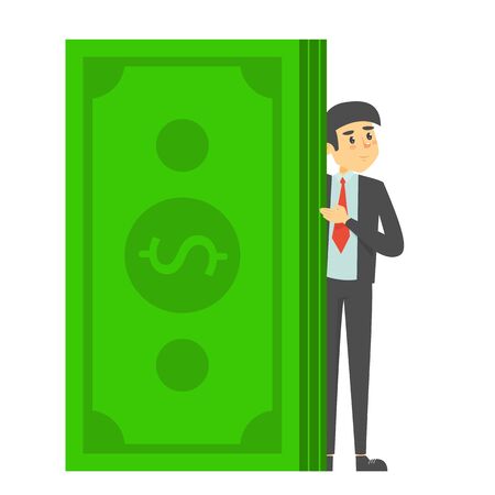 Happy businessman standing at the huge banknotes stack vector isolated. Rich man, wealth and success. Professional investment.のイラスト素材