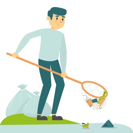 Man catch garbage in the water vector isolated. Environment conservation, save planet from the plastic. Rubbish in the bag.のイラスト素材