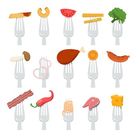 Collection of food on forks vector isolated. Element for cafe and restaurant menu. Pasta, meat, cheese and sausage. Tasty and healthy meal.のイラスト素材