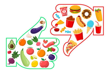 Healthy vs junk food vector isolated. Unhealthy lifestyle with french fries, hamburger and sugar food. Healthy nutrition includes vegetables and fruits.のイラスト素材