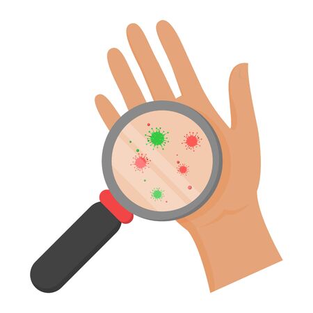 Dirty hand vector isolated. Microbes on the hand palm are visible through magnifier glass. Risk of infection, personal hygiene.のイラスト素材