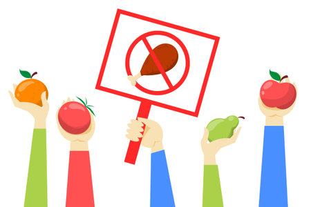 Day without meat vector isolated. Say no to meat placard, hands holding fruits and vegetables. Go vegan and follow vegetarian lifestyle to be healthy and strong.のイラスト素材