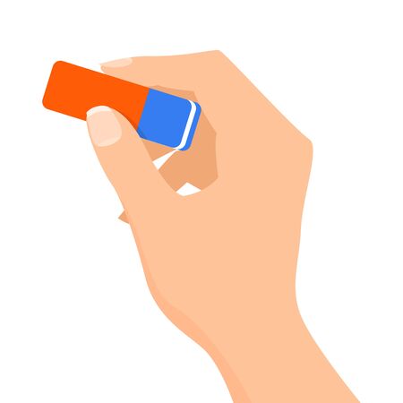 Hand holding a blue and red pencil eraser vector isolated. Office supplies and school equipment. Stationery tool.のイラスト素材