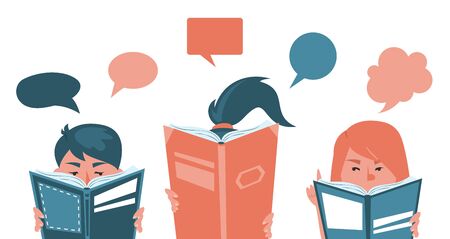 Book club web banner vector isolated. Group of people reading books, education and communication. Read books together. Poster design.のイラスト素材