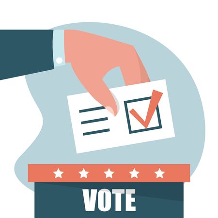 Hand puts vote in the ballot box vector isolated. Concept of presidential election, politics campaign. Make your political choice.のイラスト素材