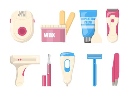 Hair removal methods vector isolated. Different ways of skin depilation and epilation. Wax, razor and laser technology.のイラスト素材