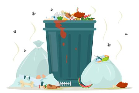 Dirty garbage around the trashcan vector isolated. Food waste in the dust bin, unpleasant smell from the trash bags. Flies flying around the rubbish. Filthy view.のイラスト素材