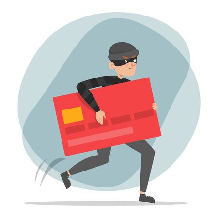 Robber running with a stolen red credit card vector isolated. Illegal action, thief in black mask. Safety of the money in danger.のイラスト素材