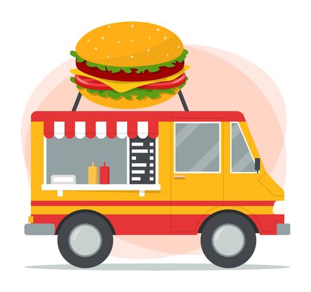Fast food truck. Street food mobile cafe. Image of a big hamburger on the van. Colorful transport. Delicious snack in vehicle.のイラスト素材
