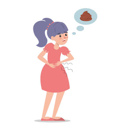 Child with a diarrhea vector isolated. Girl with pain in stomach. Belly disease. Person needs to get to the toilet. Poo symbolのイラスト素材