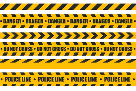 Yellow caution tapes set vector isolated. Security line with text on it. Warning, danger, do not cross. Barrier around the crime scene.のイラスト素材